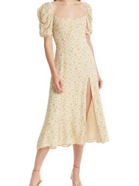 Reformation Bandit Yellow Floral Print Midi Dress Women’s Size 4 Puff Sleeve